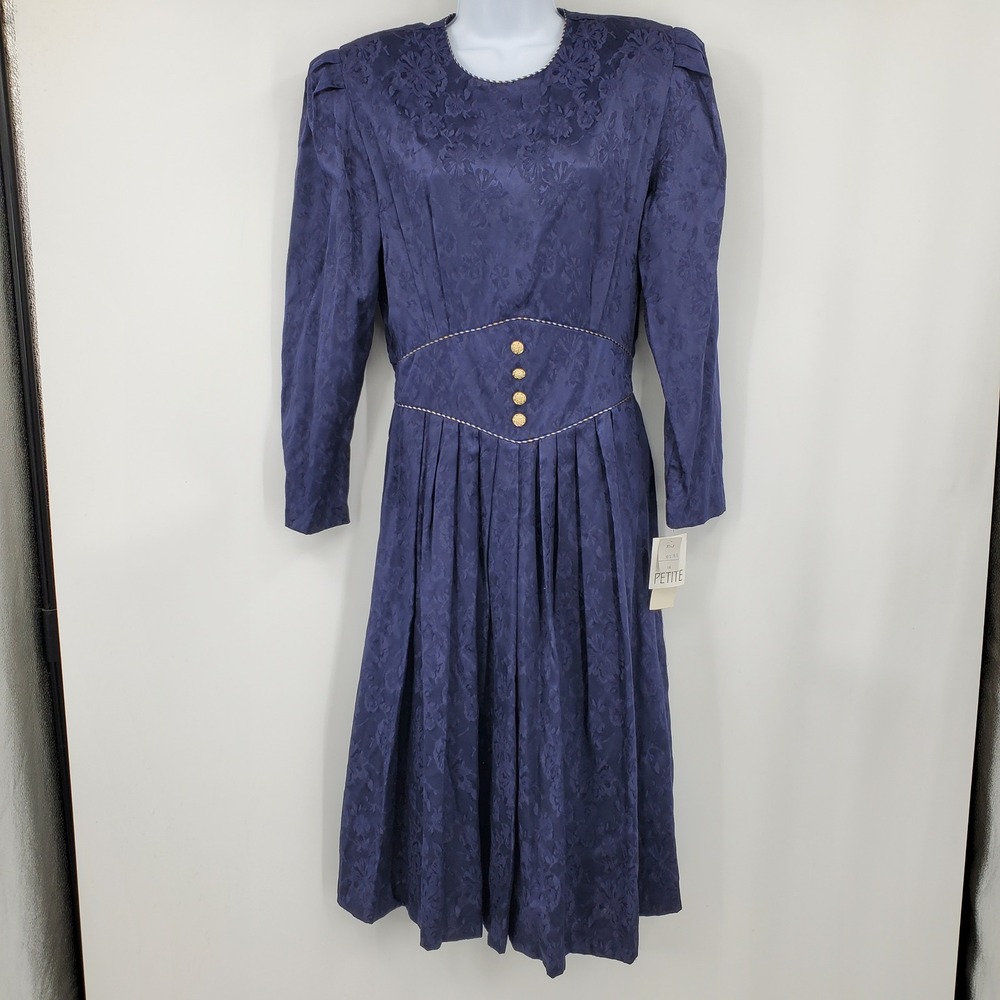 Vintage Miss Dorby Navy Floral Jacquard Dress 14P 80s 90s Whimsigoth Renaissance
